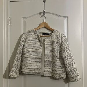 Karl Lagerfeld Cream and Black Tweed Blazer with Fringe Detail